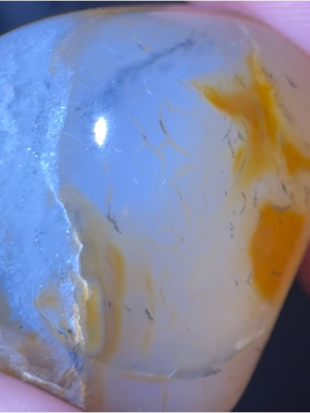 Polished Blue Chalcedony Specimen with Warm Orange plumes.